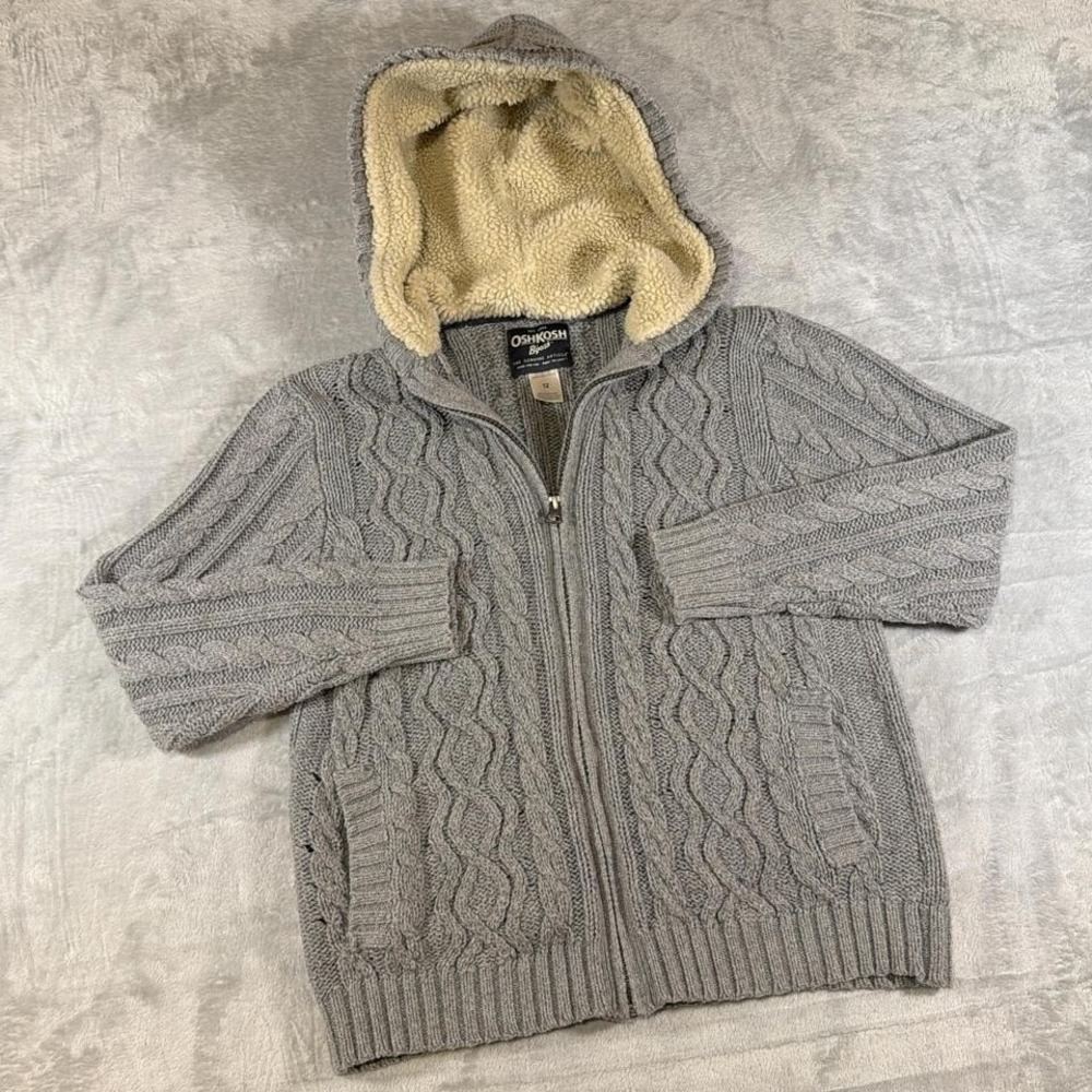 Vintage OshKosh B'gosh Sherpa-Lined Cable Knit Hoodie | Cozy Zip-Up‎ | Grey | XS